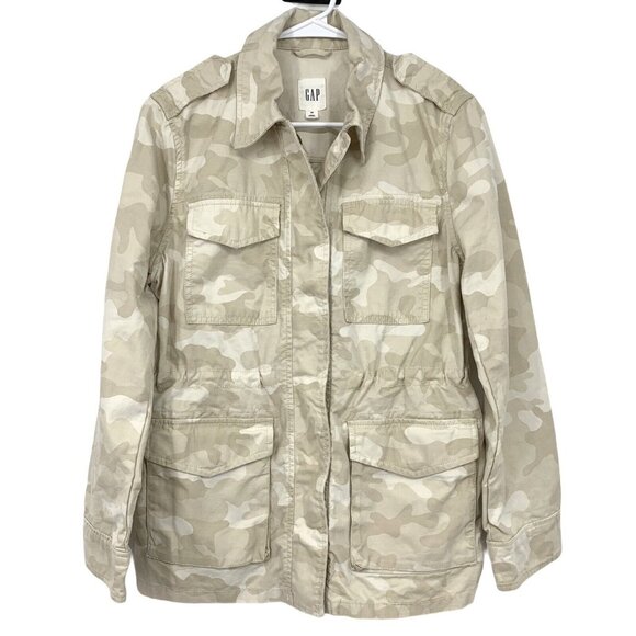 Gap Jacket Utility Beige Camo Print Long Sleeve Button Snap - Picture 3 of 9